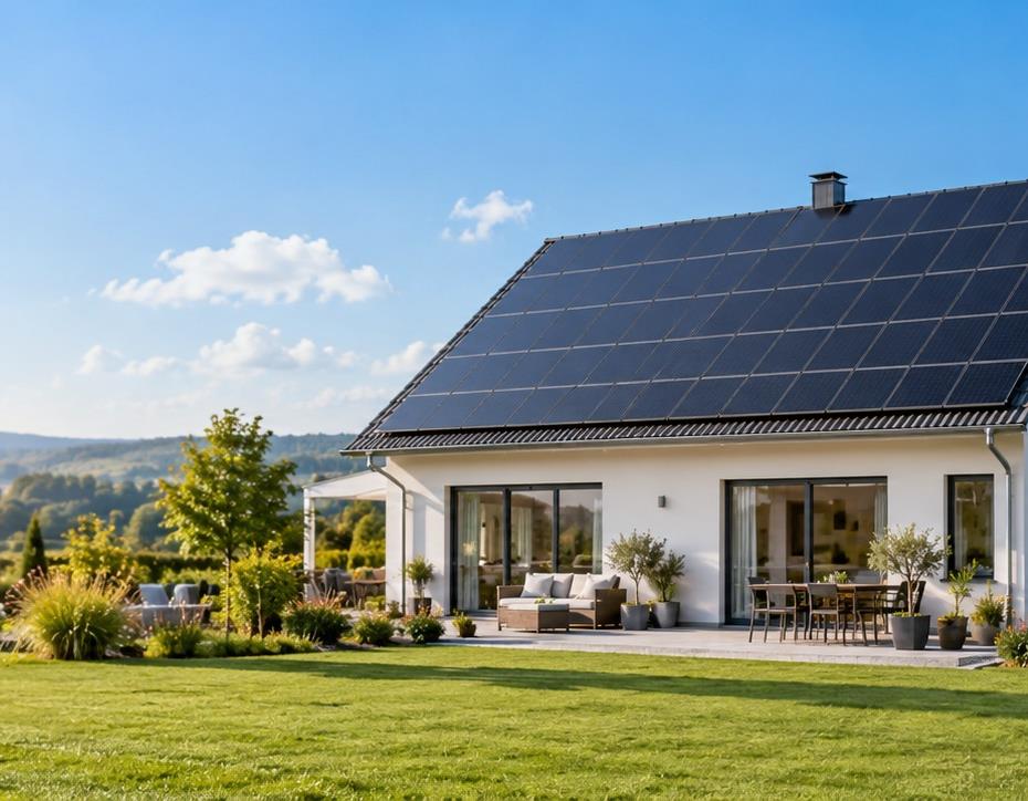 Symbolbild: Wohnhaus mit Photovoltaikanlage auf dem Dach – Fachbetriebe für Falkenstein